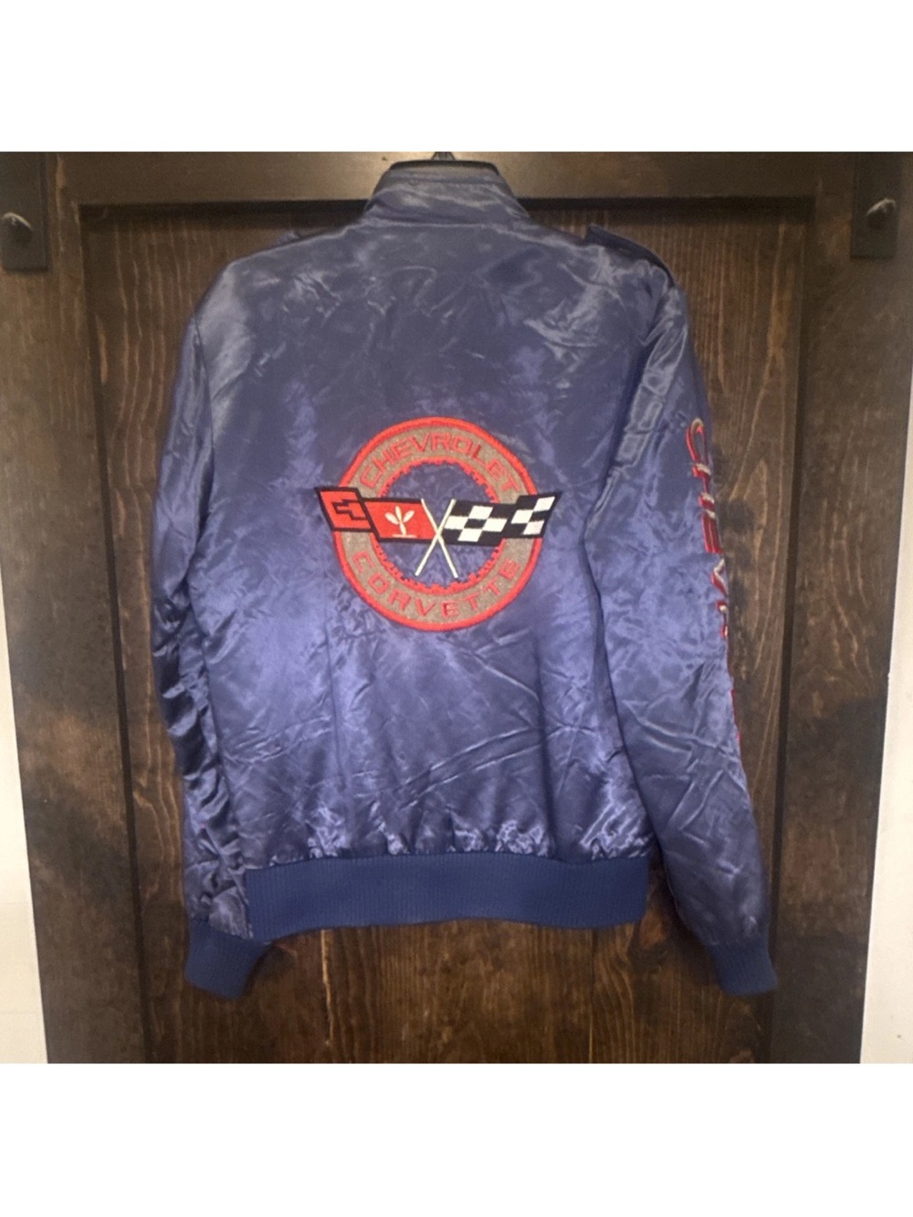 Style Auto Men's Navy Satin Corvette Embroidered Bomber Jacket Vintage
